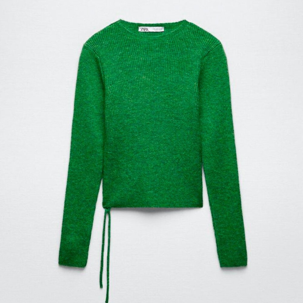 ZARA Green Knit Sweater with Side Pleat / Ruched open side with sting detail